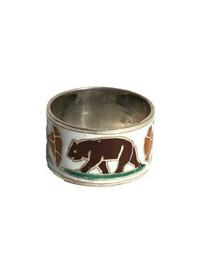 Siam Thailand Enamel Bear Flower Cloisonne Sterling Silver 925 Vintage NOS Ring